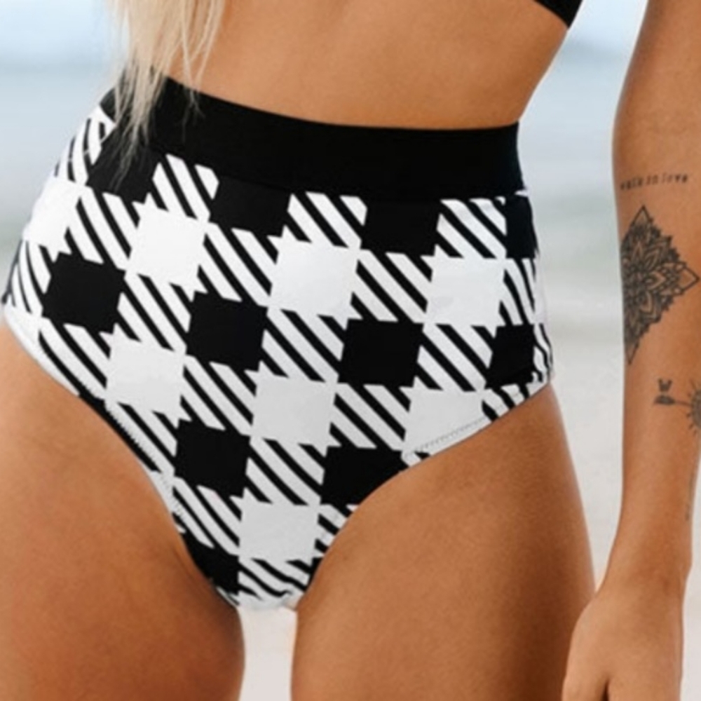 Black and white high waisted bikini swim bottoms